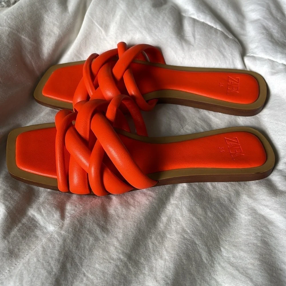 Zara |Orange | Slip On| Crisscross Straps |Sandals | Modern |Slides |Size 36 - Picture 3 of 12